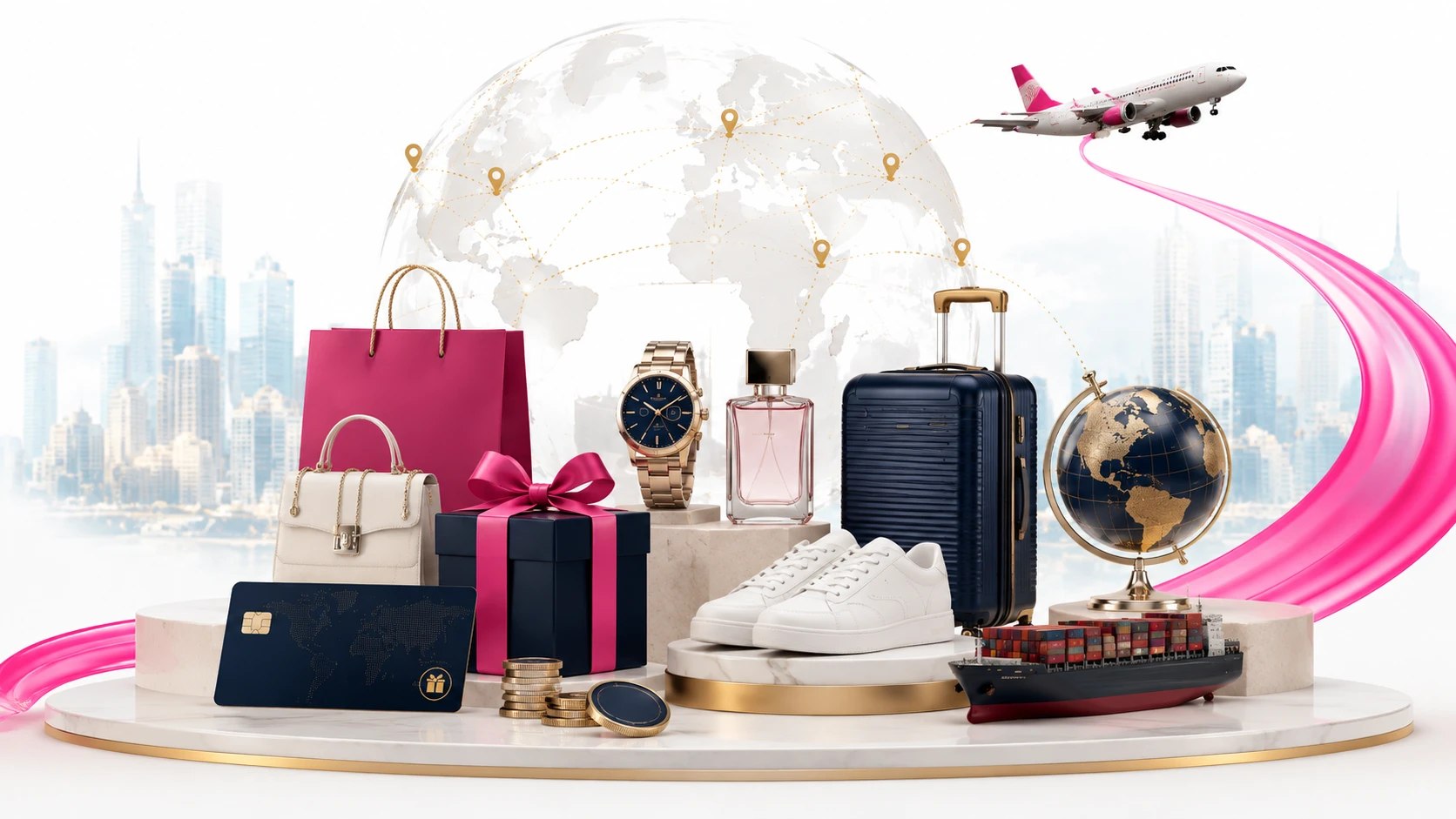 Global loyalty and rewards: luxury goods, travel and logistics connected across a world map