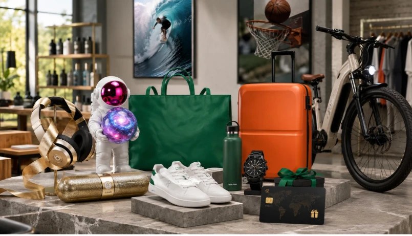 Lifestyle rewards: headphones, luggage, e-bike, watch and gift card in a modern retail setting