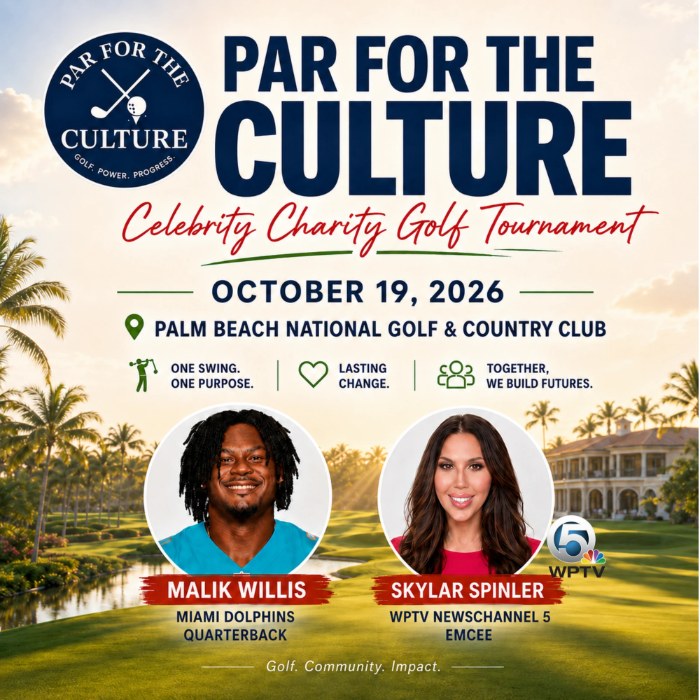 Par for the Culture Celebrity Charity Golf Tournament, October 19, 2026, Palm Beach National Golf & Country Club, featuring Malik Willis of the Miami Dolphins and WPTV NewsChannel 5's Skylar Spinler